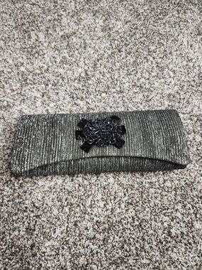 Black Metallic Evening Clutch with Beaded Accent